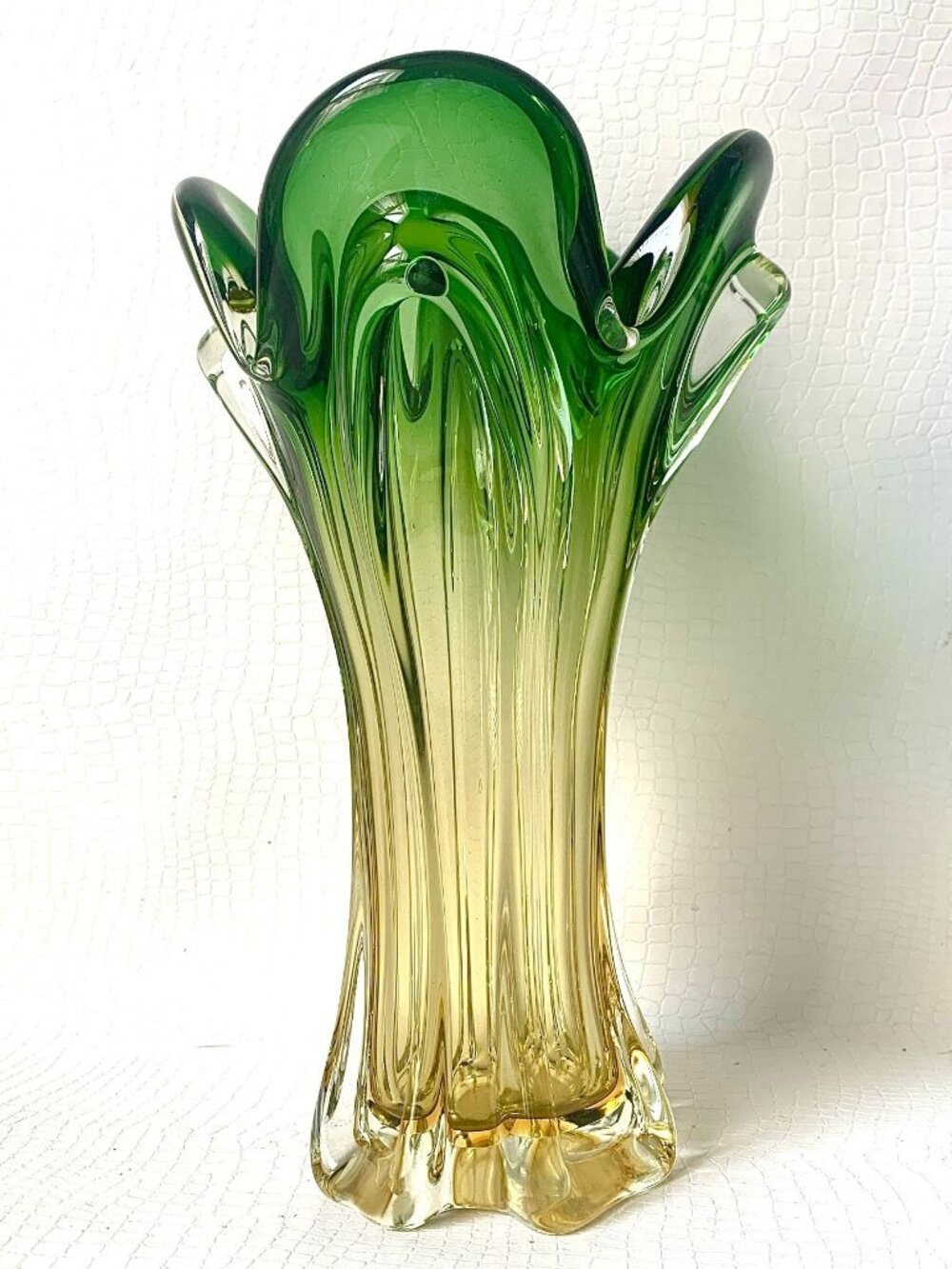 MCM Lorraine Chalet Swung Glass Vase Green Yellow Retro